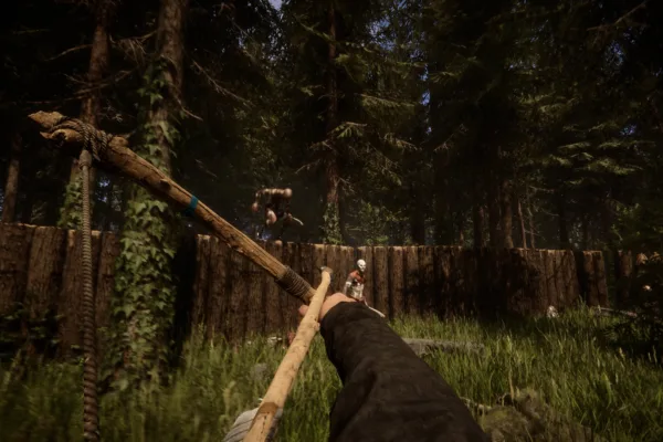 How to craft a Scarecrow in Sons of the Forest shooting an arrow at a mutated cannibal