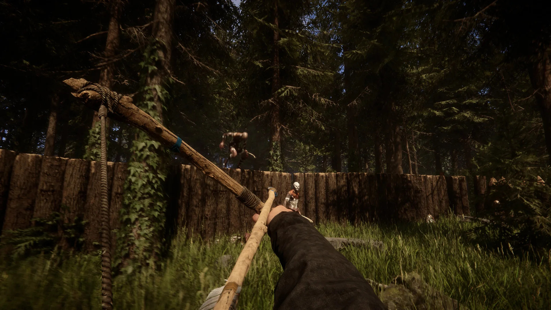 How to craft a Scarecrow in Sons of the Forest shooting an arrow at a mutated cannibal