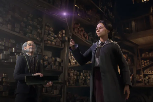 Hogwarts Legacy early access PS4 and Xbox One wizard choosing a wand in the wand shop