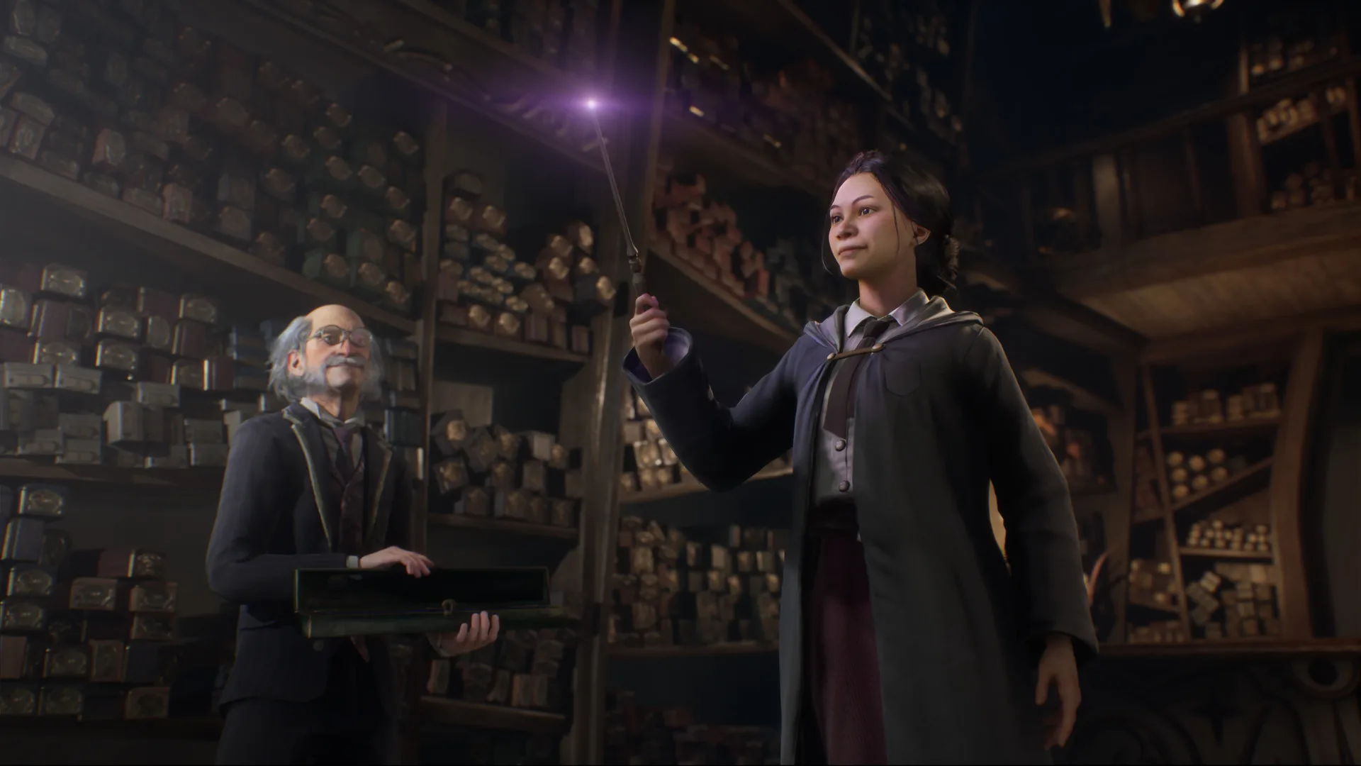 Hogwarts Legacy early access PS4 and Xbox One wizard choosing a wand in the wand shop