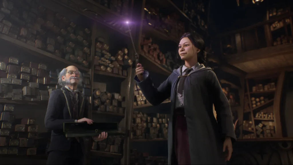 Hogwarts Legacy multiplayer co-op wizard witch in wand shop