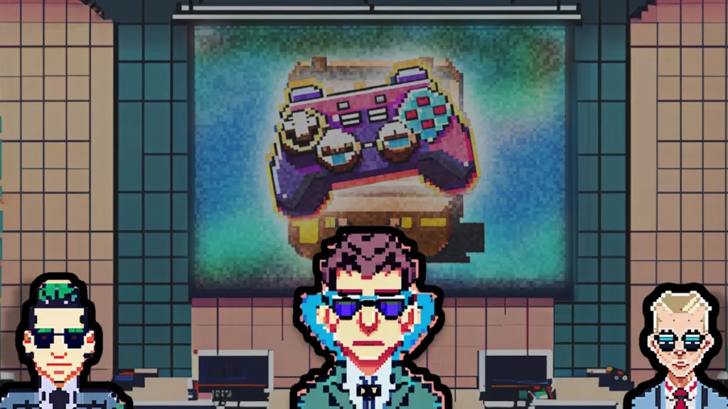 Pixel art lawyers with a game controller on screen