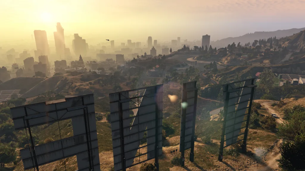 GTA 5 new auto run sprint option looking over Vinewood sign