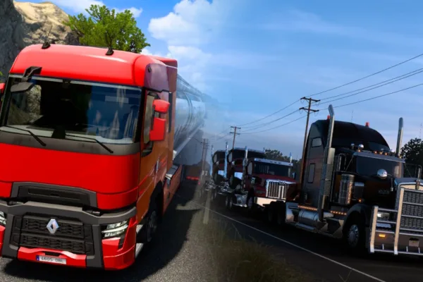 Dual screenshots of both American Truck Sim and Euro Truck Sim 2