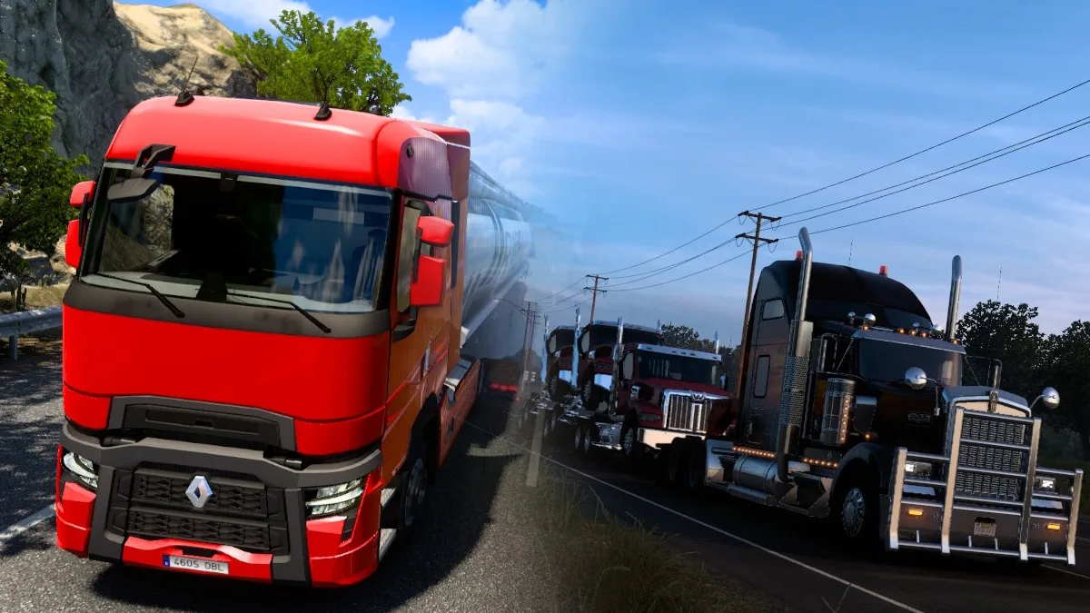 Dual screenshots of both American Truck Sim and Euro Truck Sim 2