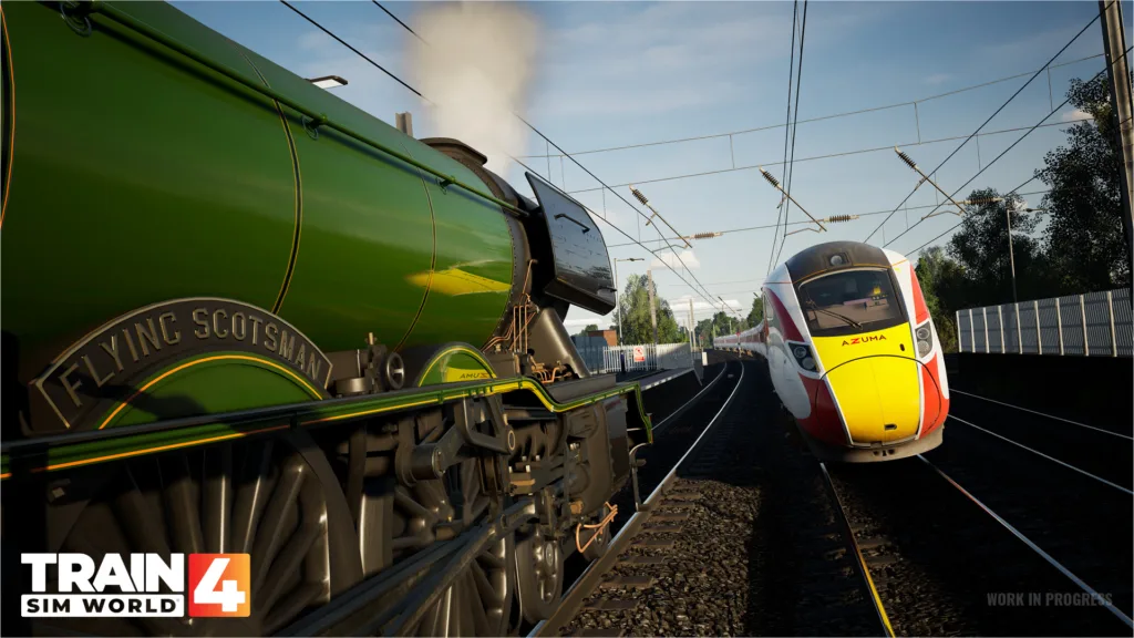 Screenshot of Train Sim World 4 release date steam train passing modern train