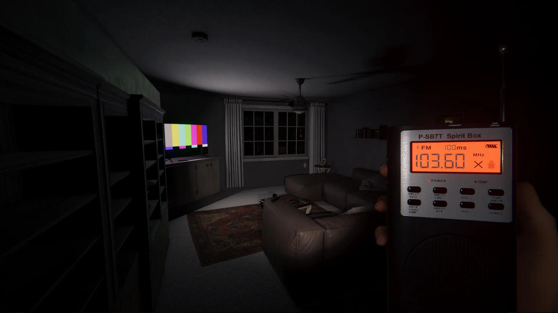 phasmophobia console release date delayed investigating living room with spirit box