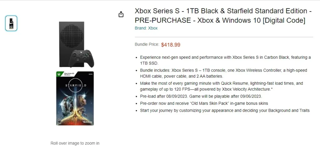 starfield preload date amazon listing of xbox series s