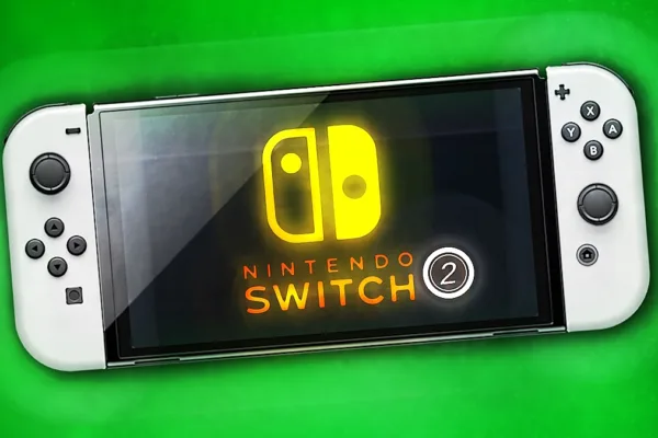 A picture of the Nintendo Switch OELD model with a gold-coloured concept logo that spells "Nintendo Switch 2".