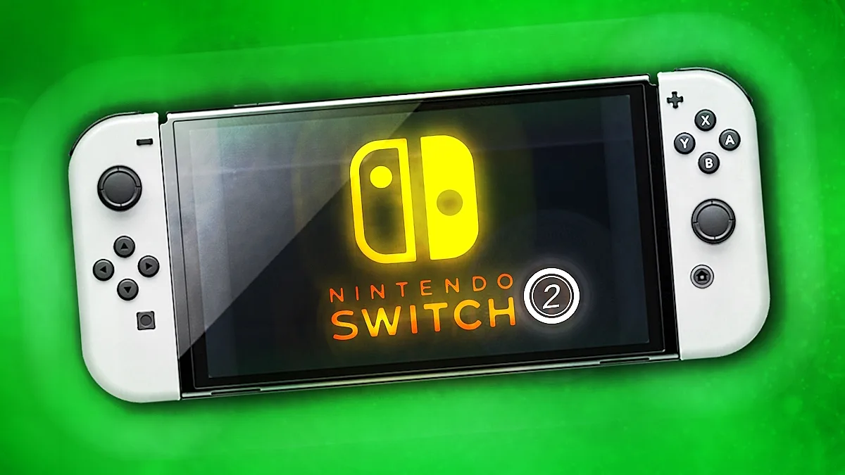 A picture of the Nintendo Switch OELD model with a gold-coloured concept logo that spells "Nintendo Switch 2".