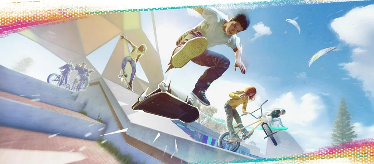 Artwork displaying sports in Riders Republic, including the new skate content