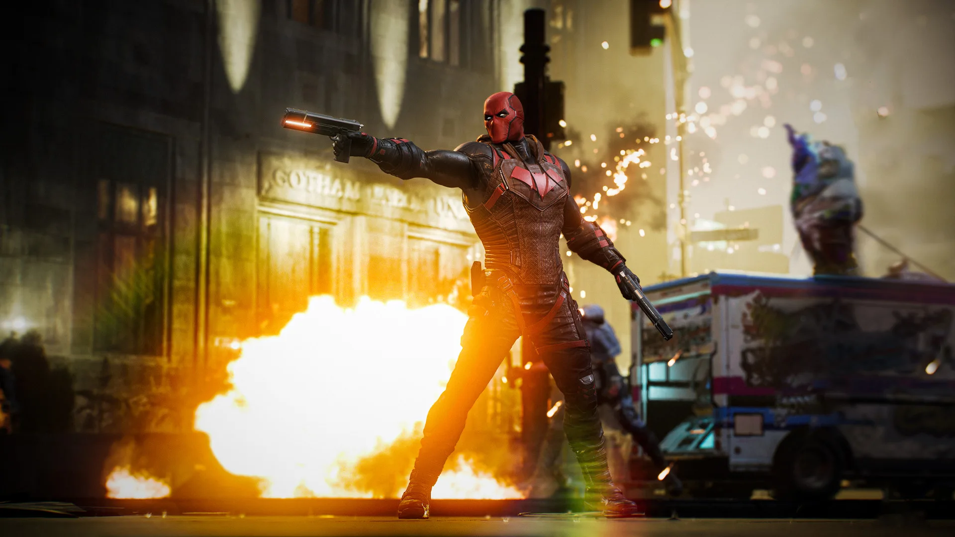 gotham knights rated on nintendo switch port red hood pointing a gun