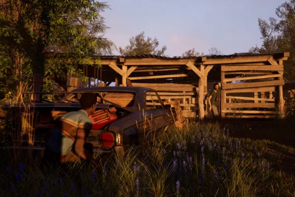 the texas chainsaw massacre update hiding behind a car from family member