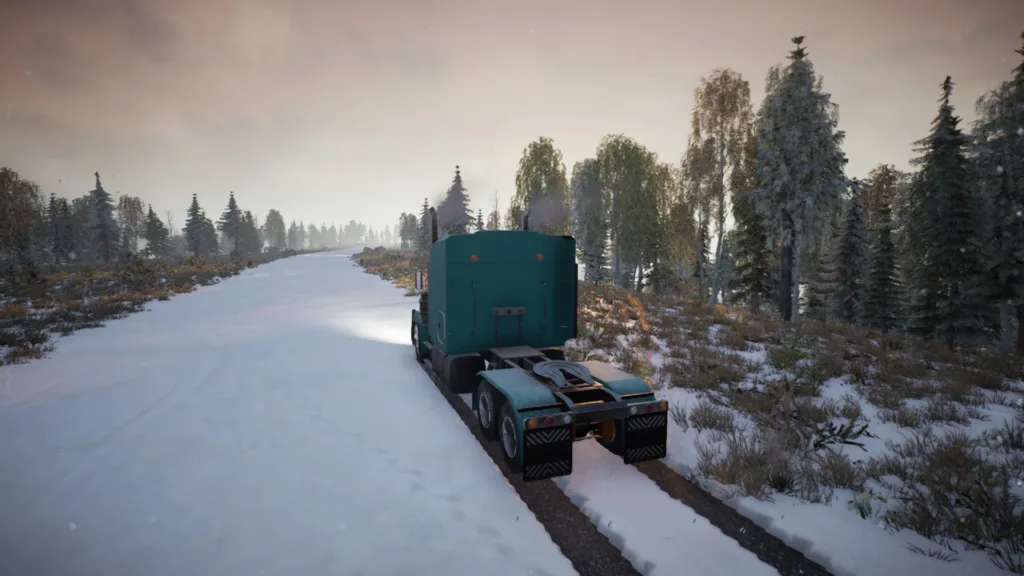 Screenshot of Alaskan Road Truckers driving through the snow