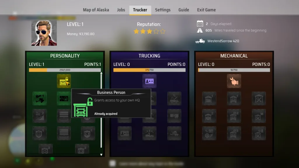 Screenshot of Alaskan Road Truckers skill tree