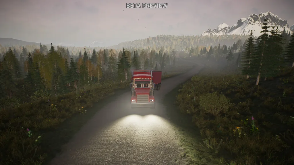 Screenshot of the beta impressions version of Alaskan Road Truckers on PC vehicle front view