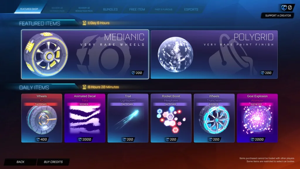 Rocket League item store menu trading 