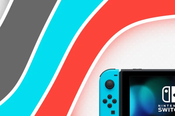 Render of the Switch with some artistic digital lines Switch 2 launch strategy