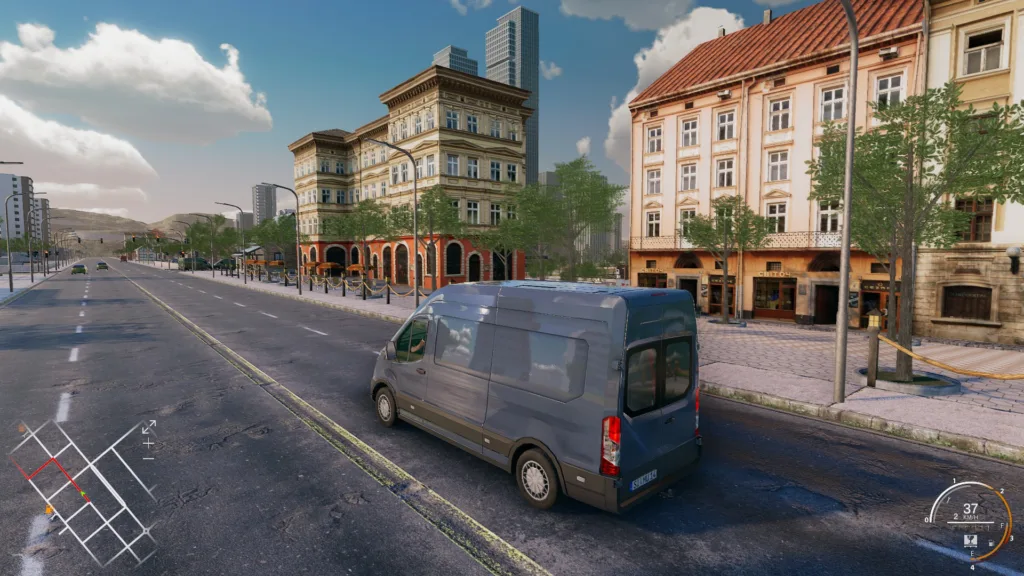 Screenshot of Truck and Logistics Simulator on PC a van driving in the city