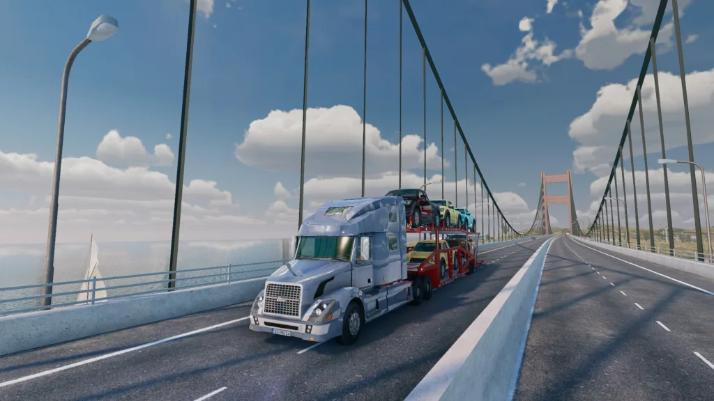 Screenshot of Truck and Logistics Simulator on PC car carrier crossing a bridge. 