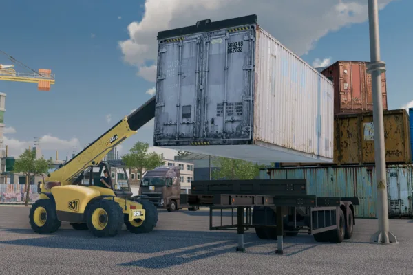 Screenshot of Truck and Logistics Simulator on PC a crane lifting a shipping container