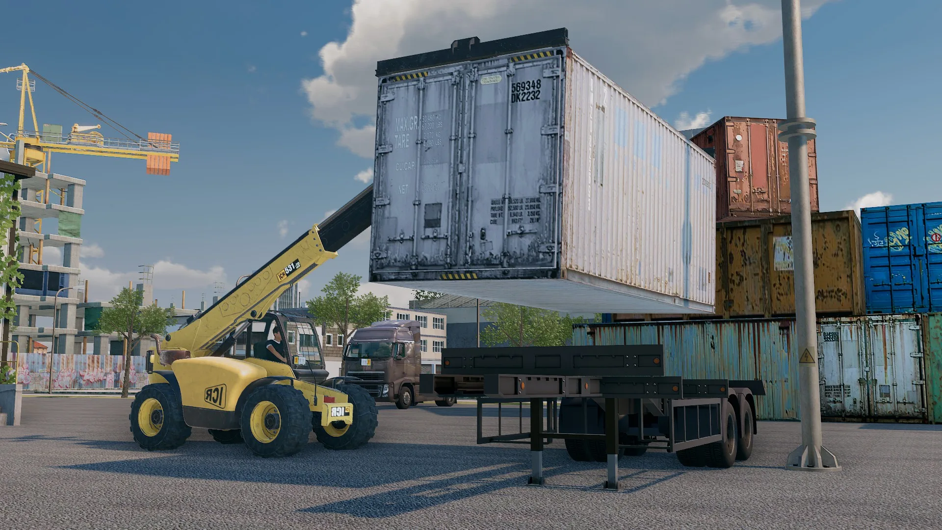 Screenshot of Truck and Logistics Simulator on PC a crane lifting a shipping container