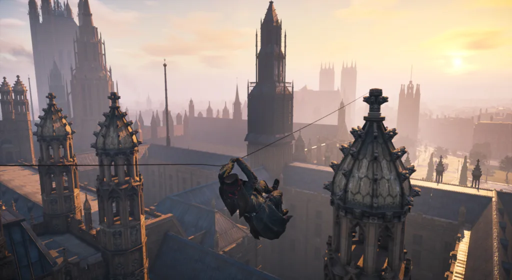 assassins creed syndicate free to claim on PC climbing on rope above london skyline