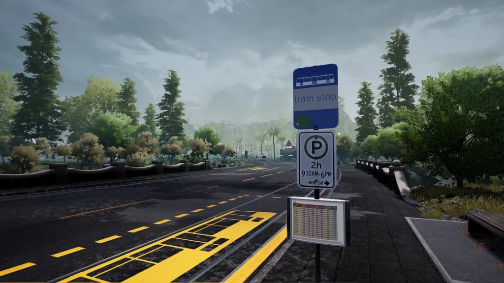 A screenshot of Tram Simulator Urban Transit review Tram Stop sign on PC.