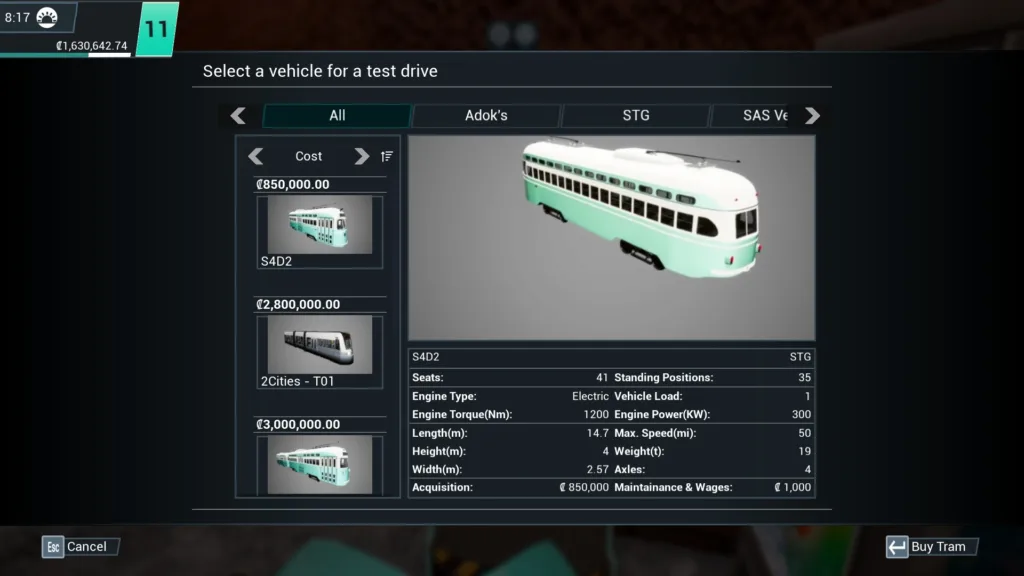 A screenshot of Tram Simulator - Urban Transit review tram prices on PC.