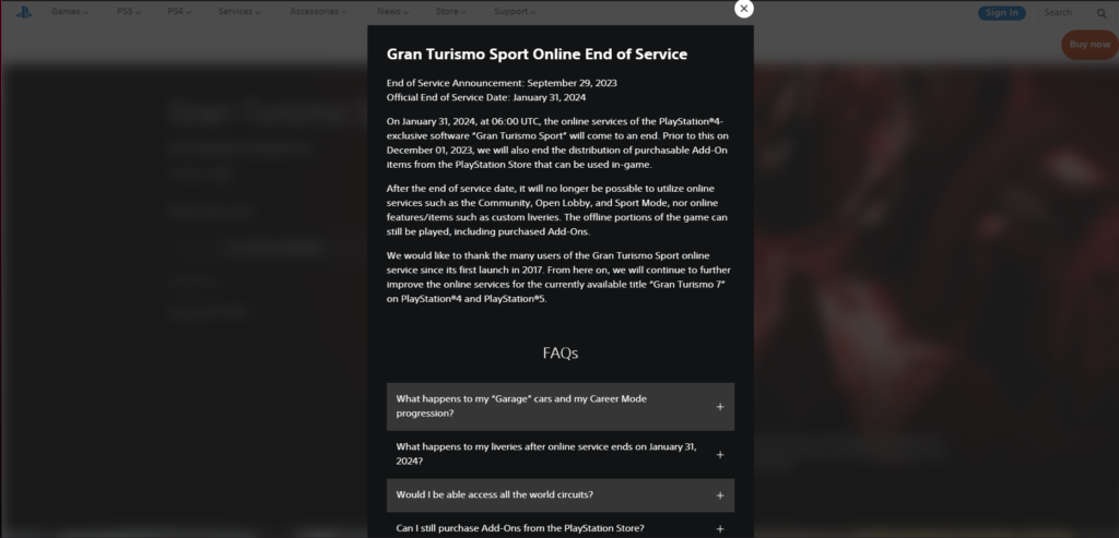 Gran Turismo Sport Online End of Service message