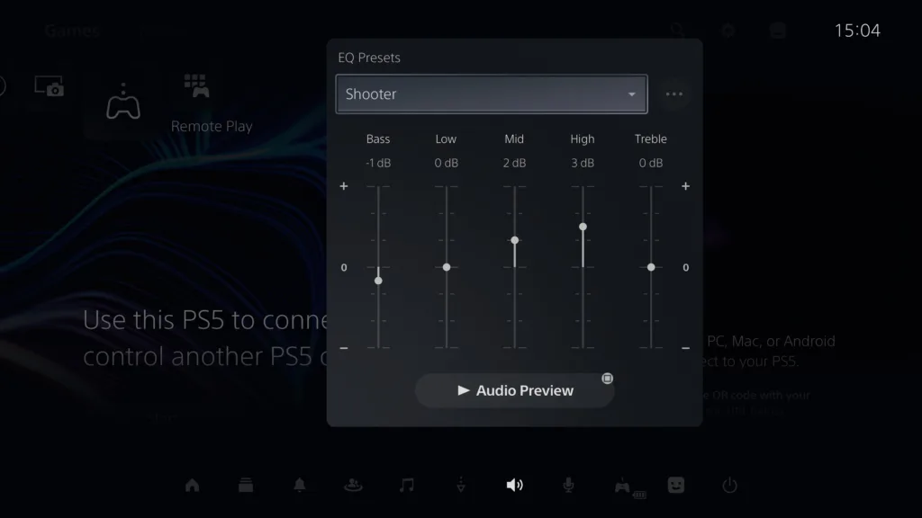 The PS5 equalizer settings menu.