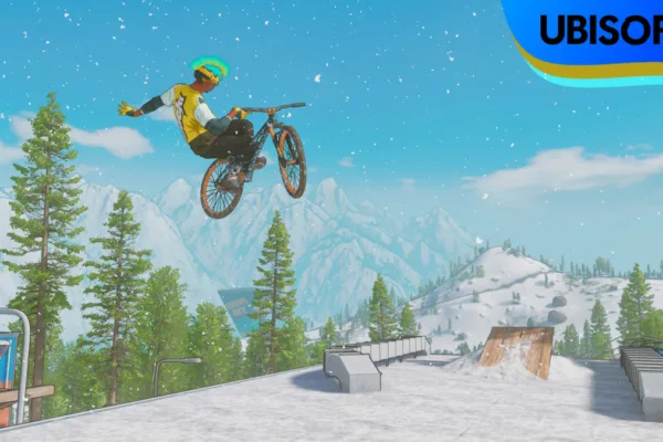 A screenshot from Riders Republic with the Ubisoft+ logo.