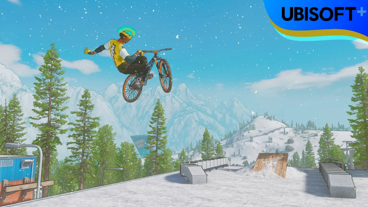 A screenshot from Riders Republic with the Ubisoft+ logo.