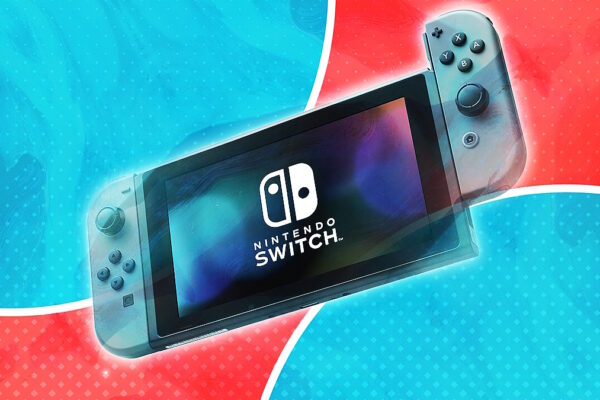 A stylized render of the Nintendo Switch console.