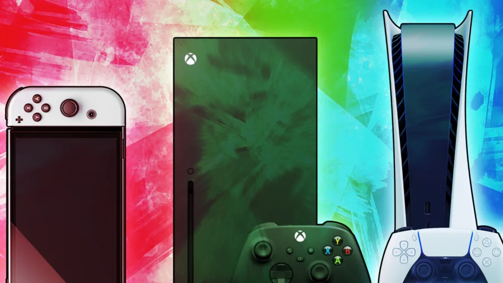 An illustration of the PS5, Xbox Series X and Nintendo Switch. Xbox games coming to PS5 rumours.