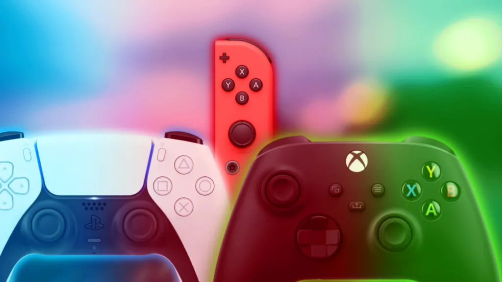 An illustration of the PS5, Xbox Series X and Nintendo Switch controllers.