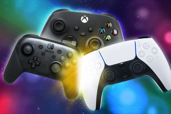 An illustration of the PS5, Xbox Series X and Nintendo Switch controllers.