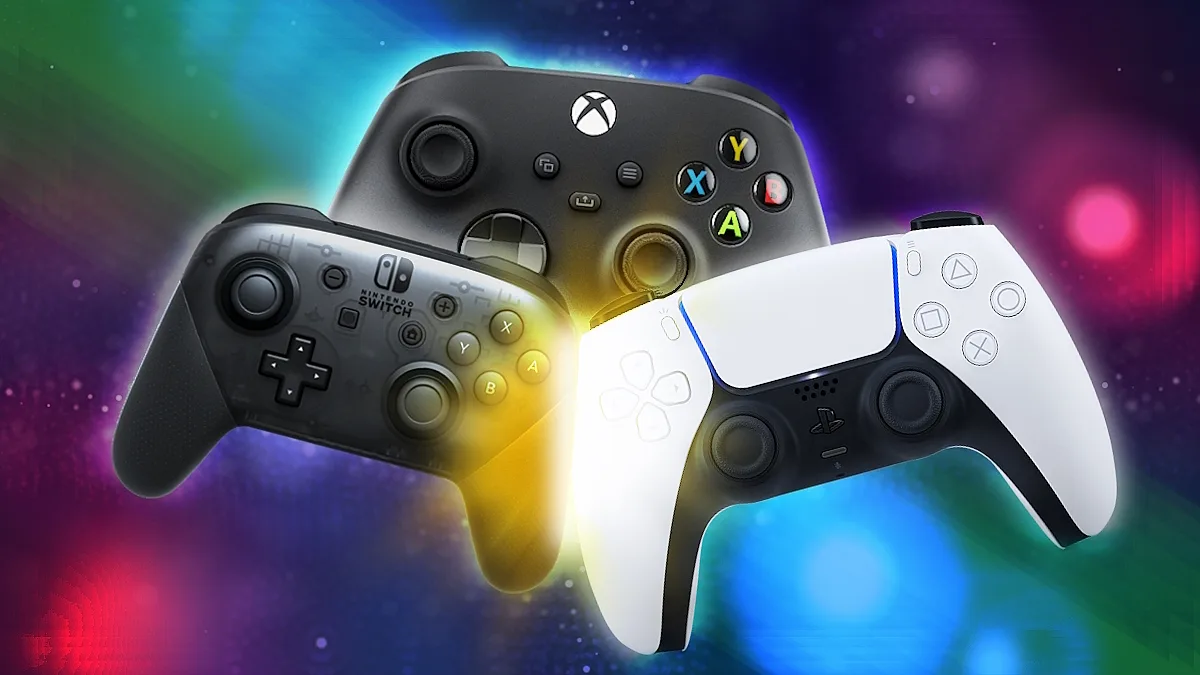 An illustration of the PS5, Xbox Series X and Nintendo Switch controllers.