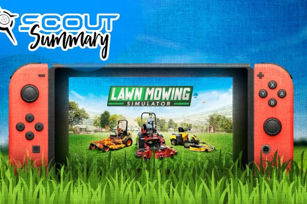 A Switch sitting in a field of grass with the Lawn Mowing Simulator splash screen.