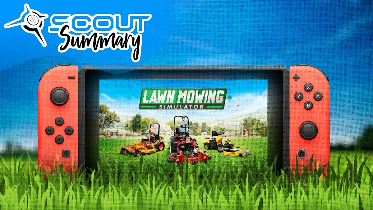 A Switch sitting in a field of grass with the Lawn Mowing Simulator splash screen.