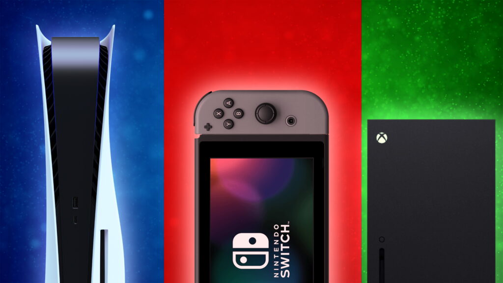 A compilation of the Nintendo Switch, PS5, and Xbox Series X.