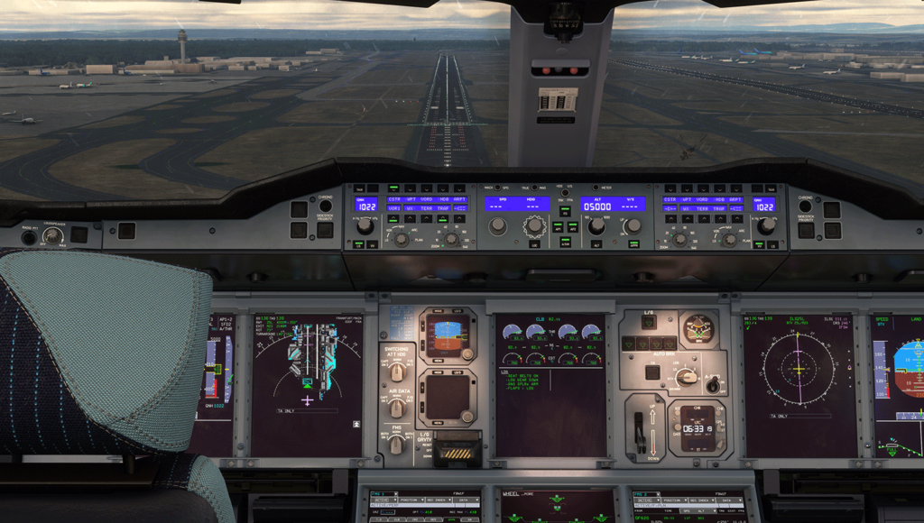 Cockpit view of the FBW A380X project for Microsoft Flight Simulator.