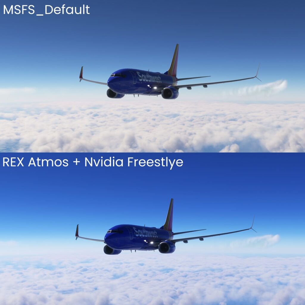 A comparison image of the default look of Microsoft Flight Simulator compared to the look of REX Atmos. 