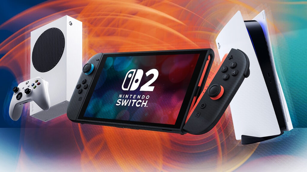 Renders of the Nintendo Switch 2, Xbox Series S and PS5.