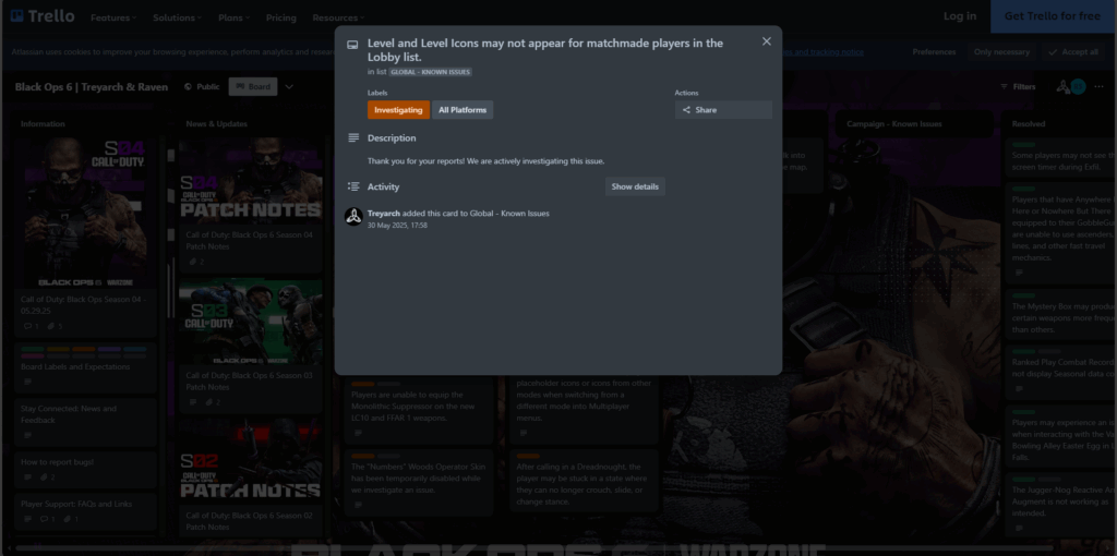 lobby levels not appearing black ops 6 and warzone trello board